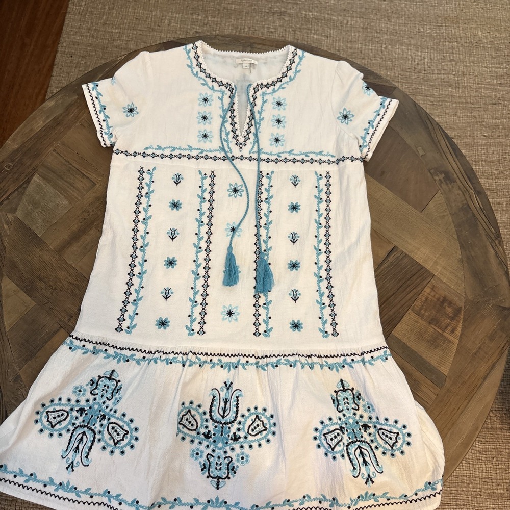 Tyler Boe Embroidered Babydoll Dress XS White Aqua Tassel Boho Lined 100% Cotton